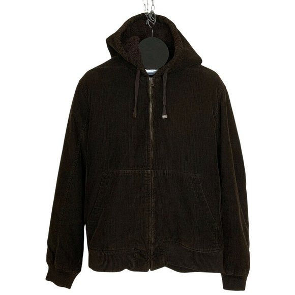 Levis Corduroy Bomber Jacket Size L Brown Full Zip Hooded Sherpa Lining Pockets